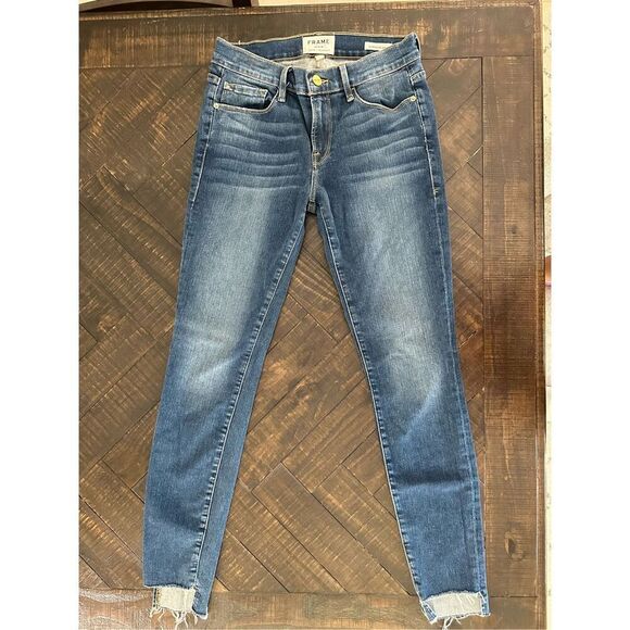 FRAME Denim Le Skinny de Jeanne Dark Wash High Low Cut Out Ankle Jeans Size 26 - Picture 2 of 5